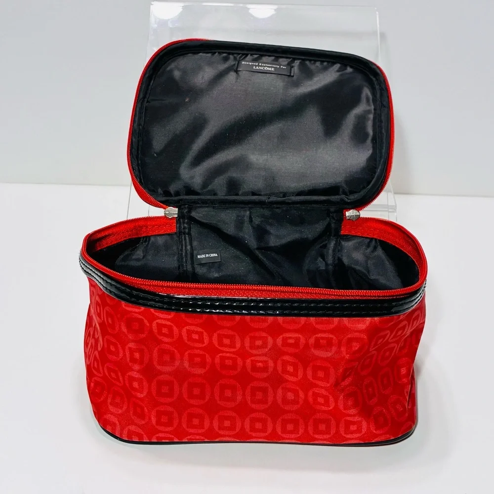 Y2K Lancôme Red Geometric Pattern Cosmetic Bag Black Patent Trim 6x7x4.5 Vintage